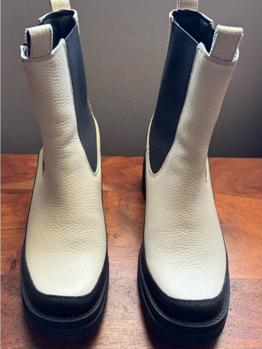 Cream and Black Chelsea Lug Booties - Women's Ankle Boots